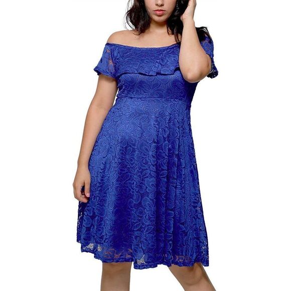 Off Shoulder Lace Romantic Retro Pinup Vintage 1950s Cocktail Blue Dress L NWT - Picture 1 of 10